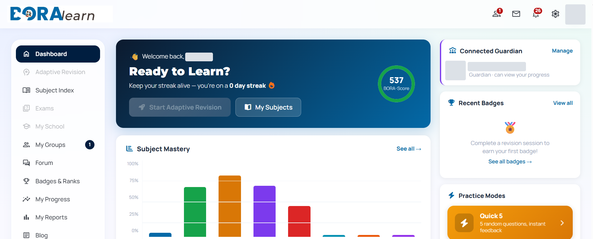 BORAlearn learner dashboard showing subject mastery, BORA-Score, badges and practice modes.