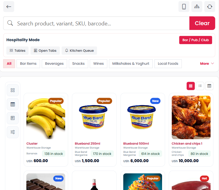 A cropped BORApos terminal view with product search and product categories.